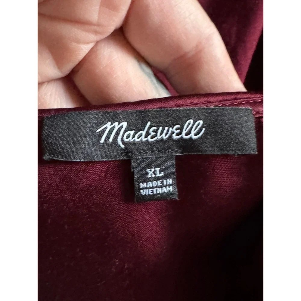 Madewell Burgundy Cabernet Satin V Neck Shirred Puff Sleeve Peplum Top X-Large